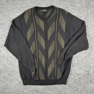 Fusion Sweater Mens Size 2XL Tall Black Gold Geometric V-Neck Knit Pullover